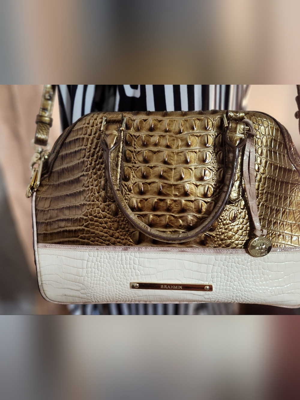 Brahmin Gold and White Croc-Embossed Satchel